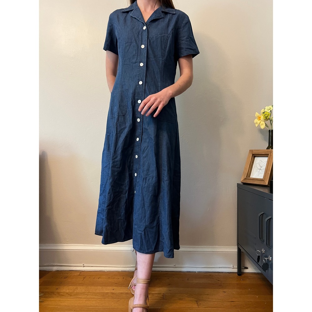 Denim Midi Dress‎ Vintage Talbots 90s Cottagecore Button Front A-Line Sz 4